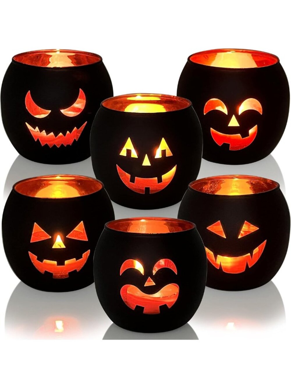 Spooky Halloween Table Decor Set of 6 - Black Glass Jack O' Lantern Tealight